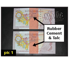 Diagram of set up for money note magic trick.