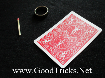 Items needed to perform this simple but coever magic levitation trick are a playing card, finger ring and a matchstick.
