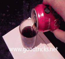 Covering hole in side with finger, open ring pull and pour out soda into glass.