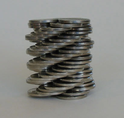 A spiral tower of nickels comprising of between 50 to 70 nickels. This requires balance and nerves of steel.