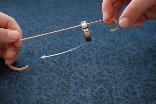 Ring positioned on the stretched rubber band before the levitation