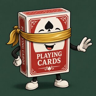 A deck of cards is wearing a blindfold.
