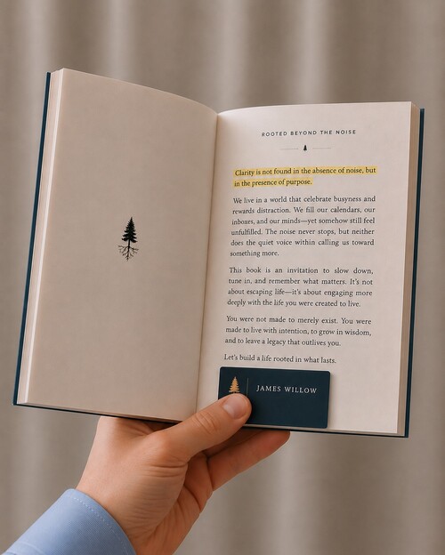 Book opened at the page marked by the secretly prepared business card