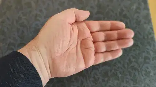 A coin visibly disappearing from the magician's palm