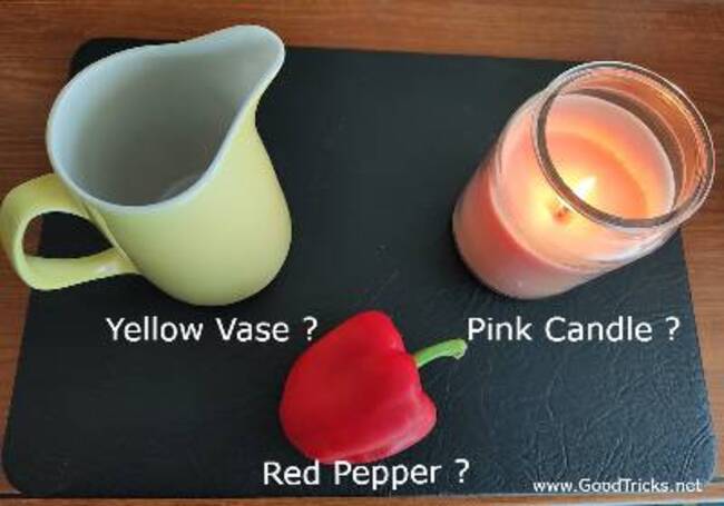 Three differently colored objects used for the Color Mind Reading Trick