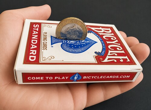 A coin melting through a deck of cards.