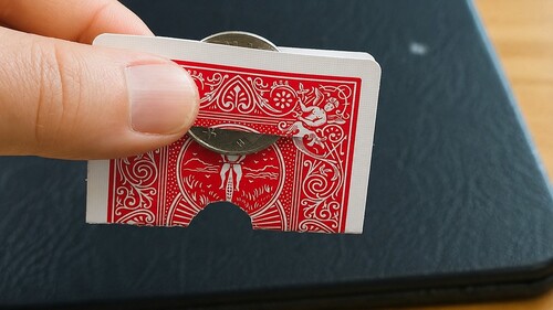 Coin being secretly slid through the slit in the folded card
