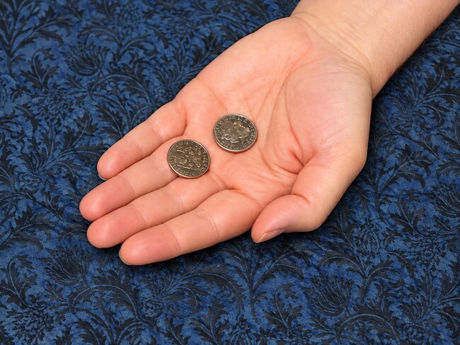 Two coins being held in an open hand.