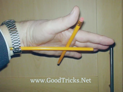 Image showing the secret positioning of a pencil slid under your watch strap to hold the other pencil in place.