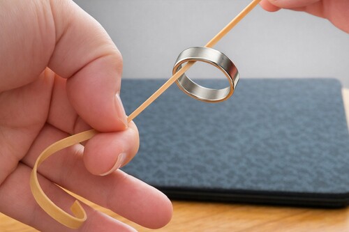 Performers view showing the section of rubber band hidden behind the fingers.