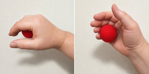 Sponge ball held in finger palm from two viewing angles