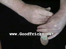 Twist this hand up slightly. Make sure that half the coin is visible.