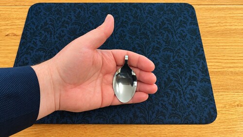 The separate spoon bowl concealed in a relaxed finger-palm position