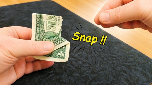 Right hand moving sharply across the bill to imitate tearing off a piece